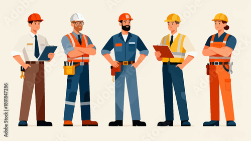 A collection of professional figures such as engineers, maintenance technicians and repairmen, with cartoon hand-drawn vector illustrations
