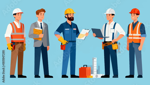 A collection of professional figures such as engineers, maintenance technicians and repairmen, with cartoon hand-drawn vector illustrations