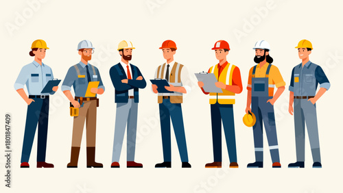 A collection of professional figures such as engineers, maintenance technicians and repairmen, with cartoon hand-drawn vector illustrations