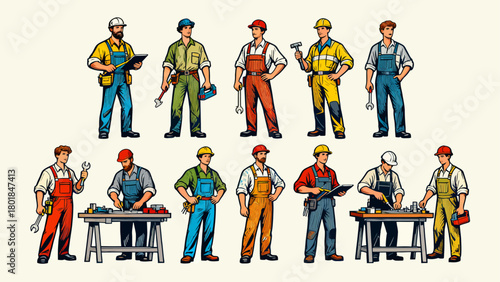 A collection of professional figures such as engineers, maintenance technicians and repairmen, with cartoon hand-drawn vector illustrations