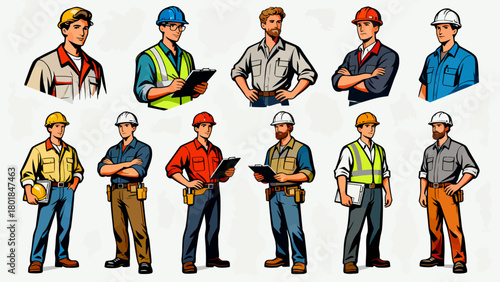 A collection of professional figures such as engineers, maintenance technicians and repairmen, with cartoon hand-drawn vector illustrations