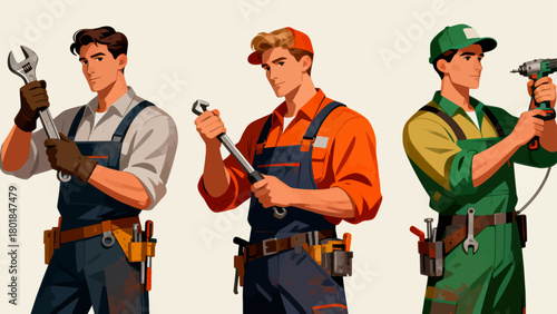 A collection of professional figures such as engineers, maintenance technicians and repairmen, with cartoon hand-drawn vector illustrations
