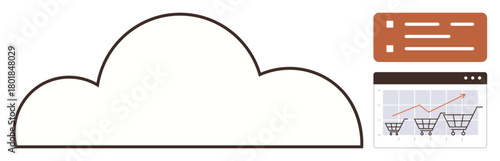 Cloud outline with a sales dashboard showing shopping carts and upward graph. Ideal for e-commerce, cloud solutions, business growth, analytics, data management, retail strategy, digital marketing
