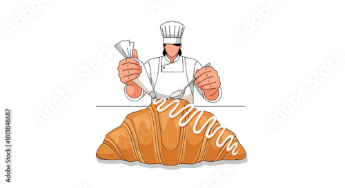 Delicious croissant getting professionally decorated with icing and sprinkles by pastry chef, perfect for bakery promotions or food blogs