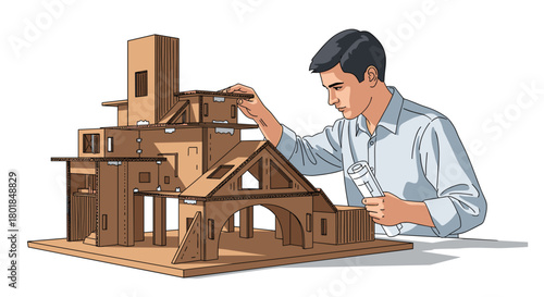 Passionate architect lovingly crafting a unique cardboard house model with precision and care in a studio for innovative designs