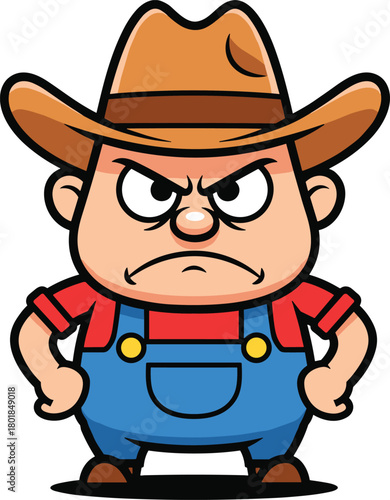 Angry cartoon farmer mascot, mad man in overalls and hat, grumpy character with furious expression, vector illustration, isolated.