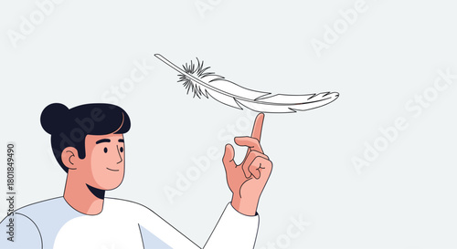 Man balancing delicate feather on finger, a symbol of lightness, precision, and focus perfect for mindfulness or creative projects now