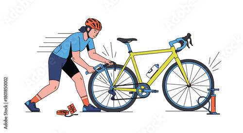 Dedicated cyclist repairs a flat tire on a yellow road bike with determination and focus ready to conquer any cycling adventure outdoors