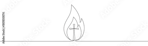 Continuous one line drawing of Christian cross in flame. Concept of Holy Spirit and Pentecost