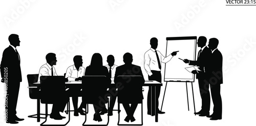 Business presentation silhouette, corporate teamwork, meeting discussion, leadership strategy, professional collaboration, cad drawing flat vector illustration