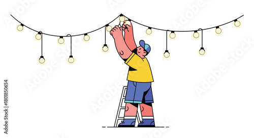 Youthful character hanging festive party lights for summer celebrations, creating a warm and inviting outdoor atmosphere for gatherings and events