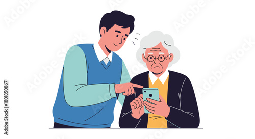 Grandson teaching grandma how to use smartphone with love and patience, fostering intergenerational connection and understanding in modern society