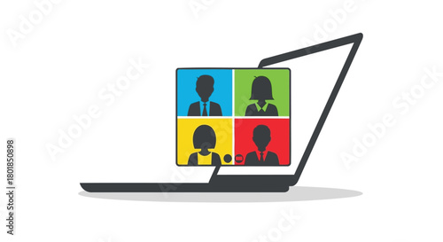 Laptop screen displays a video conference with four diverse participants in colorful squares on a white background