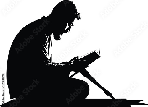 Disabled man reading, prosthetic leg, silhouette figure, black and white, focused learning, resilience, cad drawing flat vector illustration