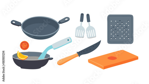 Kitchen utensil set. Frying pan, cutting board, grater, wok and other cooking tools, kitchenware collection. Vector illustration.
