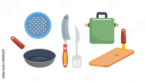 Kitchen utensil set. Frying pan, cutting board, grater, wok and other cooking tools, kitchenware collection. Vector illustration.
