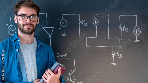 university student  writing on blackboard