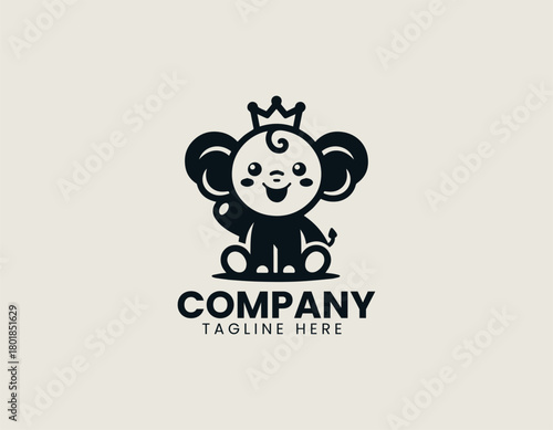 Happy baby king elephant smiles proudly creating charming black vector logo