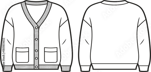 Vector Technical Drawing of V-Neck Cardigan Sweater, Front and Back, Button Closure, and Casual Knitwear Flat Sketch