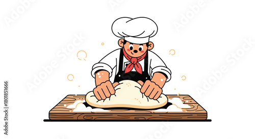 Cheerful baker kneading dough on wooden board, preparing delicious bread with love and passion, perfect for bakery or food blog projects