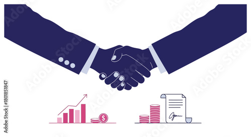 Two business people in suits shaking hands above financial charts and graphs symbolizing success and agreement