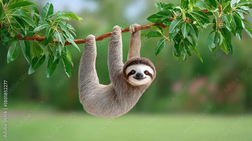 Fototapeta premium A cute sloth hangs upside down from a branch, surrounded by lush green leaves in a vibrant, natural setting.