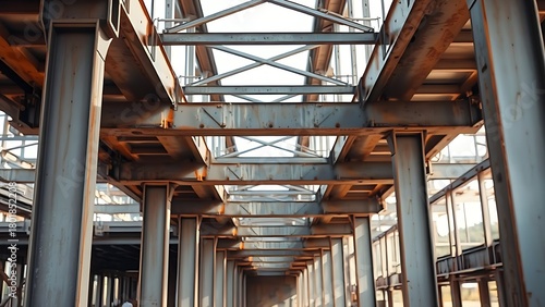 ibeam. Exposed steel I-beam support structure on a construction site with metallic textures. real-estate listings.