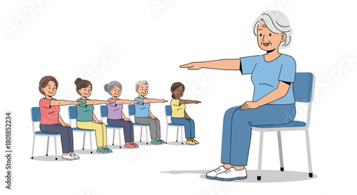 Senior women enjoying a seated arm stretching class with an instructor for improved mobility and flexibility with fun and social connection