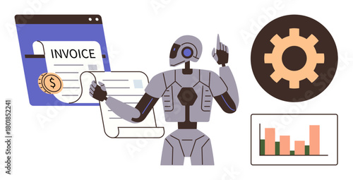 Humanoid robot analyzing invoices, graphs, and gears representing automation, analysis, and technology. Ideal for financial management, AI automation, fintech, artificial intelligence digital