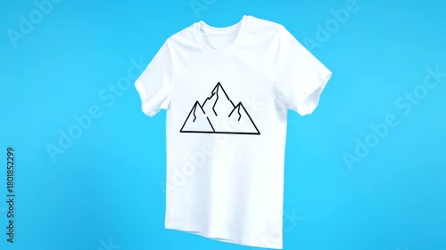 White t-shirt rotation for presentation with mountain outline graphic on blue background, ideal