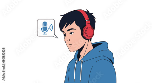 Young man wearing headphones using voice assistant for audio communication in blue hoodie, streaming music or podcast, modern tech lifestyle