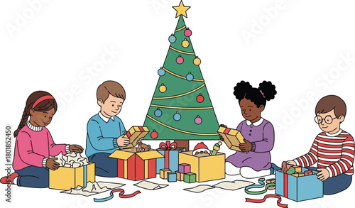 Children opening christmas presents around a decorated tree isolated on white background
