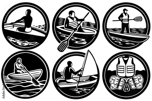 Boating and water sports vector icon set in black and white