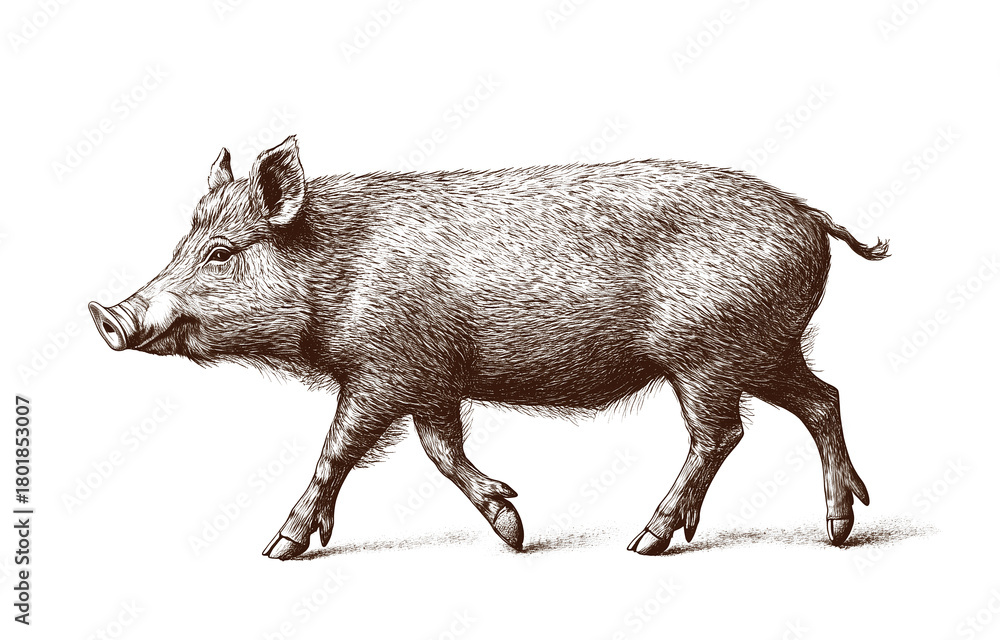 Obraz premium Boar, wild boar, hog, wild pig, sketch. Vintage retro print, wild boar, forest pig sketch ink style drawing, linear drawing, engrave old school. Sketch artwork silhouette wild ho pig. Illustration