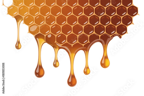 Golden honeycomb with dripping honey isolated on transparent background