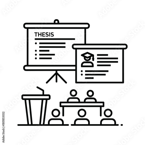 Academic presentation icon: thesis topic on screen, audience, speaker podium, and graduation cap concept