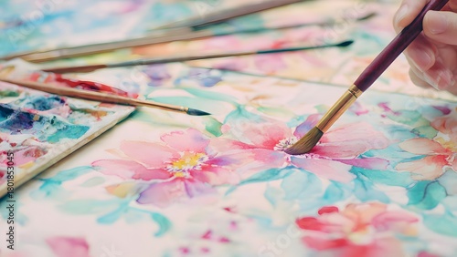 Close-up of a woman's hand using a paintbrush to create delicate watercolor flowers with soft focus and a bright, vibrant, pastel color palette.