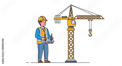 Skilled construction worker expertly operates a tower crane with a remote control, signifying progress and industry