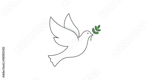 Simple outline drawing of a white dove with a green olive branch in its beak symbolizing peace and hope