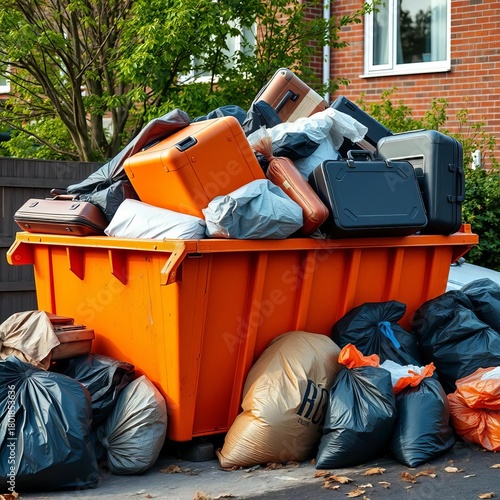 Full orange skip bin overflowing with discarded furniture, suitcases, and garbage bags after house cleanup,  rubbish,  waste