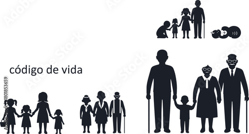 Family life silhouette, generational bond, human growth stages, elderly and children, emotional connection, flat vector, CAD drawing, legacy illustration