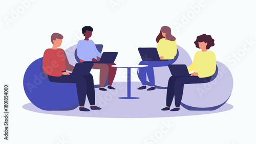 Diverse group of people collaborating and working on laptops in a modern comfortable seating area with beanbag chairs and a small table