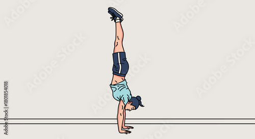 Dynamic woman performing impressive handstand, showcasing strength, balance, and athletic prowess in a clean, modern studio setting