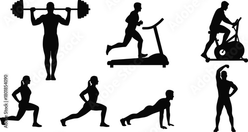 Fitness workout silhouettes, gym exercise icons, cardio and strength training, treadmill, push-up, lunge, barbell, elliptical, stretching, healthy lifestyle
