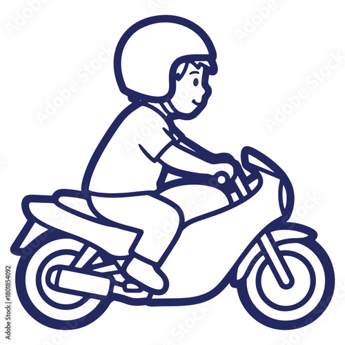 Child on motorcycle vector outline illustration for education and safety campaigns promoting responsible driving with helmet graphic design element