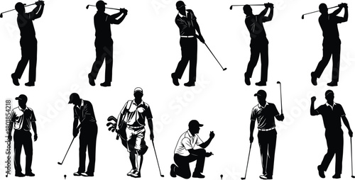 Golf player silhouette, swing and stance, black vector, sports action, putting, walking, celebration, flat design, isolated icons, motion pose