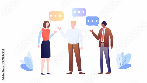 Three diverse professionals engaged in a lively conversation with colorful speech bubbles illustrating their dialogue and abstract plant elements adding a touch of modern design
