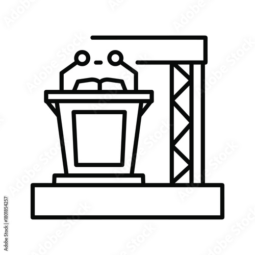 Speaker's podium icon with microphones and open book, symbolizing public speaking, conference, and event stages.