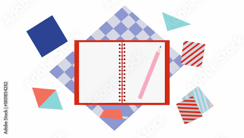 A vibrant and playful composition featuring an open notebook with a pink pencil surrounded by colorful geometric shapes and patterns on a white background