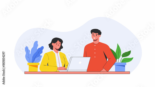 Two diverse coworkers collaborating on a laptop at a desk with plants in a modern office setting illustrating teamwork and productivity